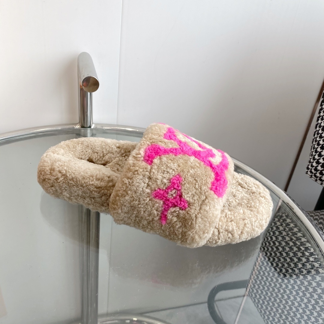 Louis Vuitton Pink Monogram Shearling Slides - Luxury Cozy Mules