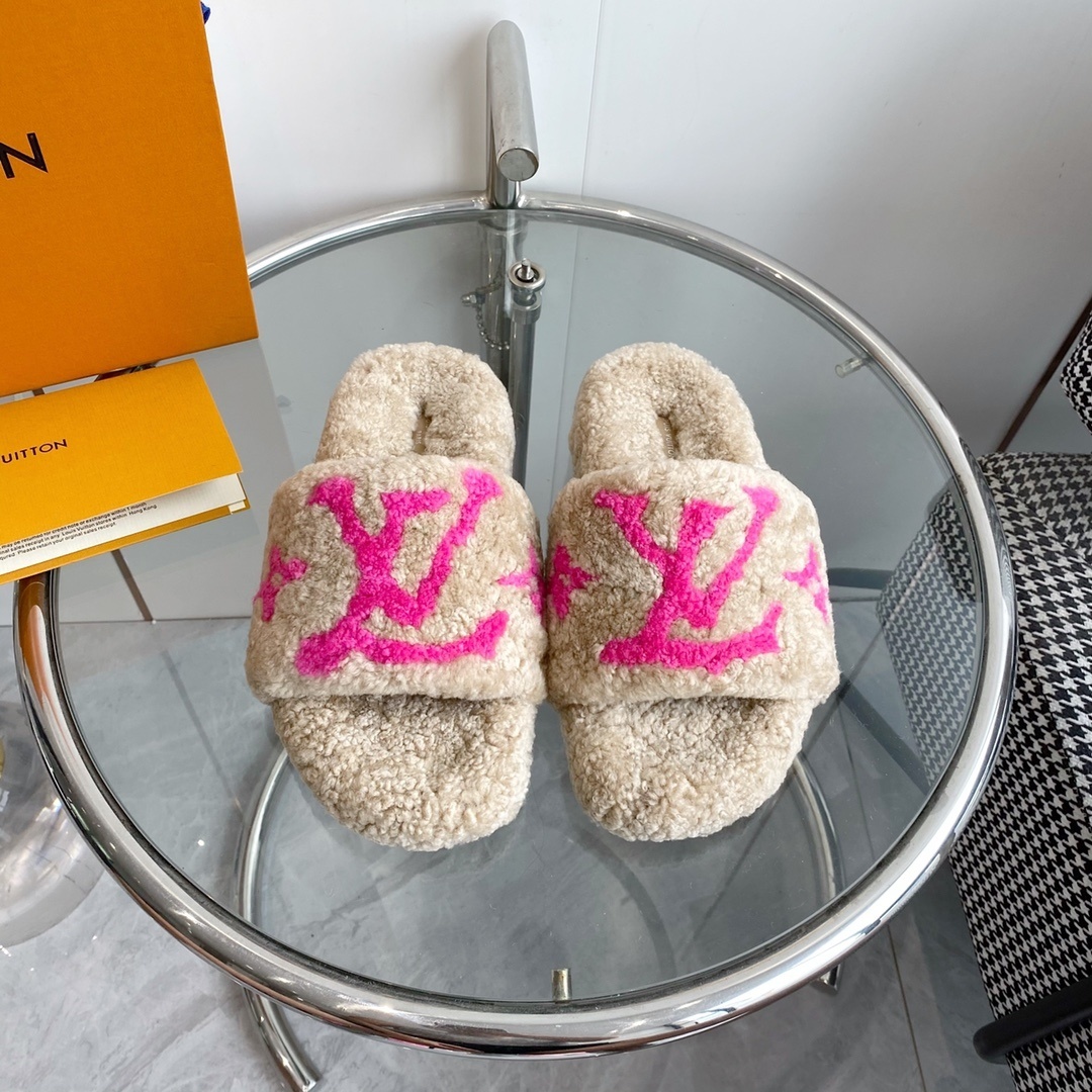 Louis Vuitton Pink Monogram Shearling Slides – Luxury Cozy Mules