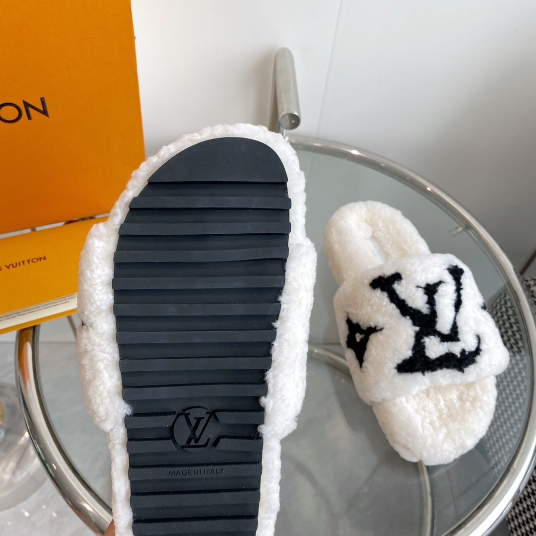 Louis Vuitton Luxury White Shearling Slippers with Black LV Logo