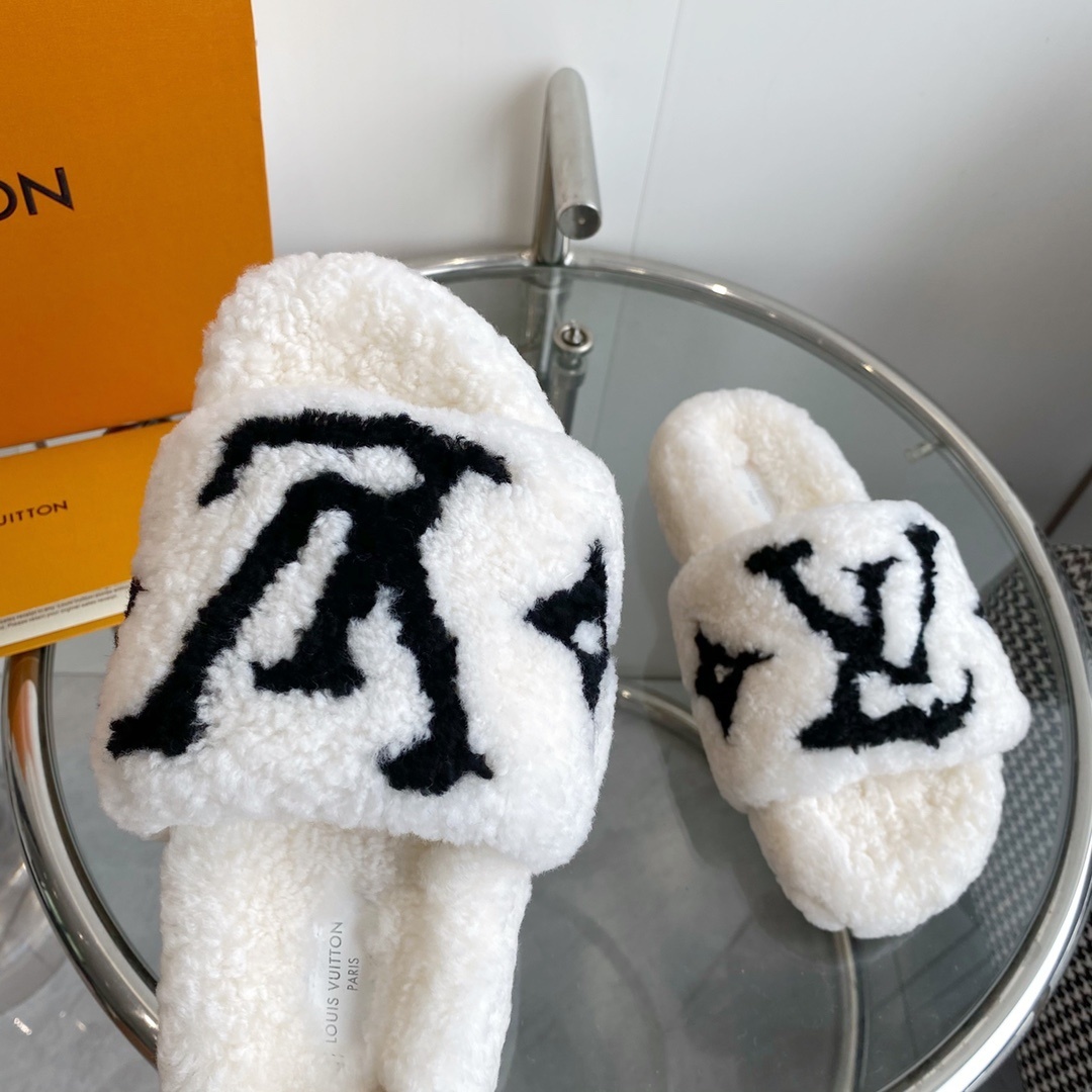 Louis Vuitton Luxury White Shearling Slippers with Black LV Logo