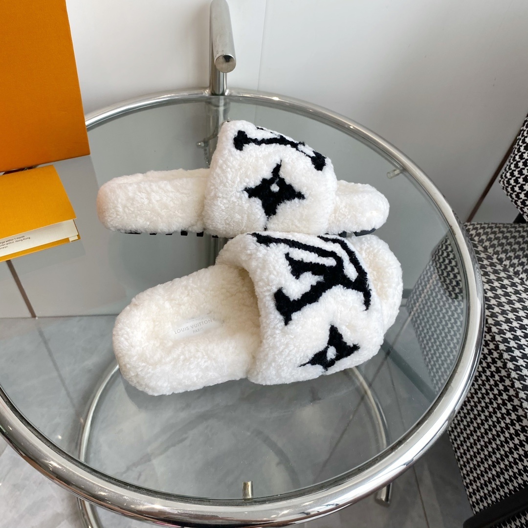 Louis Vuitton Luxury White Shearling Slippers with Black LV Logo
