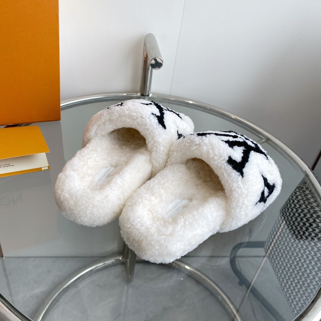 Louis Vuitton Luxury White Shearling Slippers with Black LV Logo