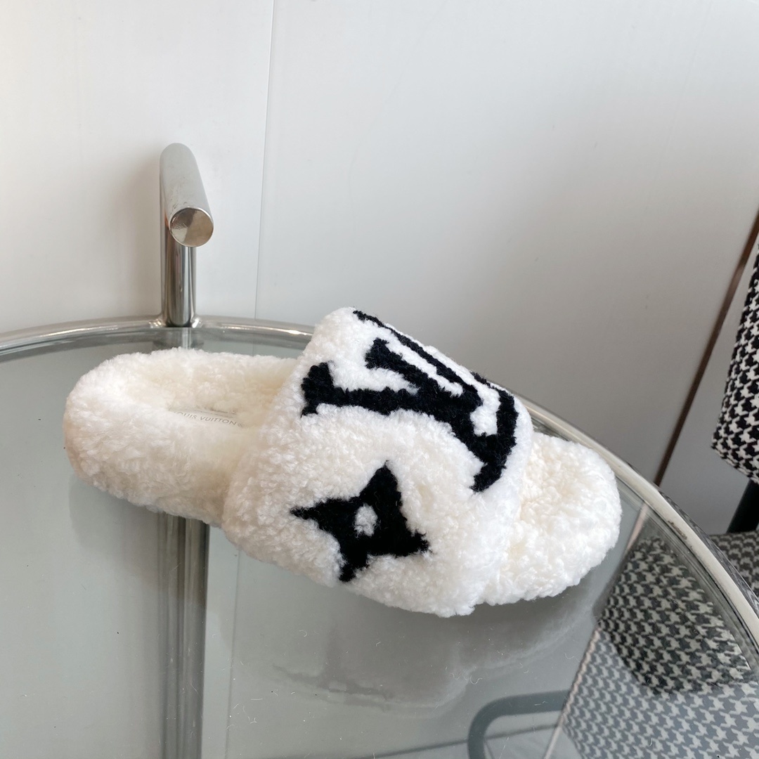 Louis Vuitton Luxury White Shearling Slippers with Black LV Logo