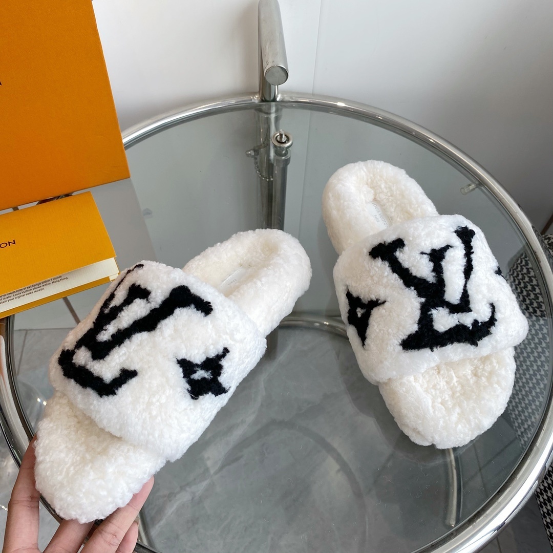 Louis Vuitton Luxury White Shearling Slippers with Black LV Logo