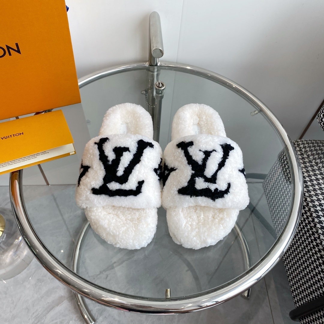 Louis Vuitton Luxury White Shearling Slippers with Black LV Logo
