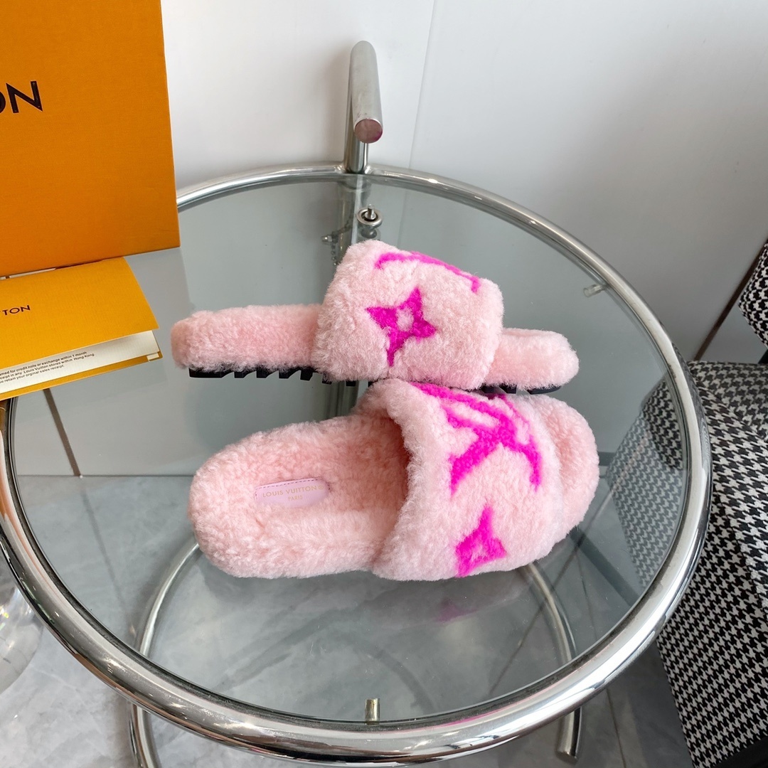 Louis Vuitton Pink Shearling Slippers - Luxury LV Logo Slides
