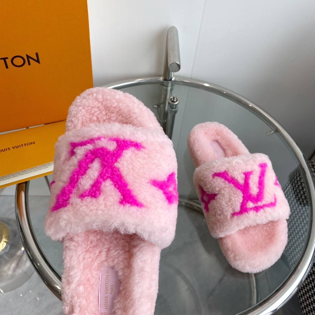 Louis Vuitton Pink Shearling Slippers - Luxury LV Logo Slides