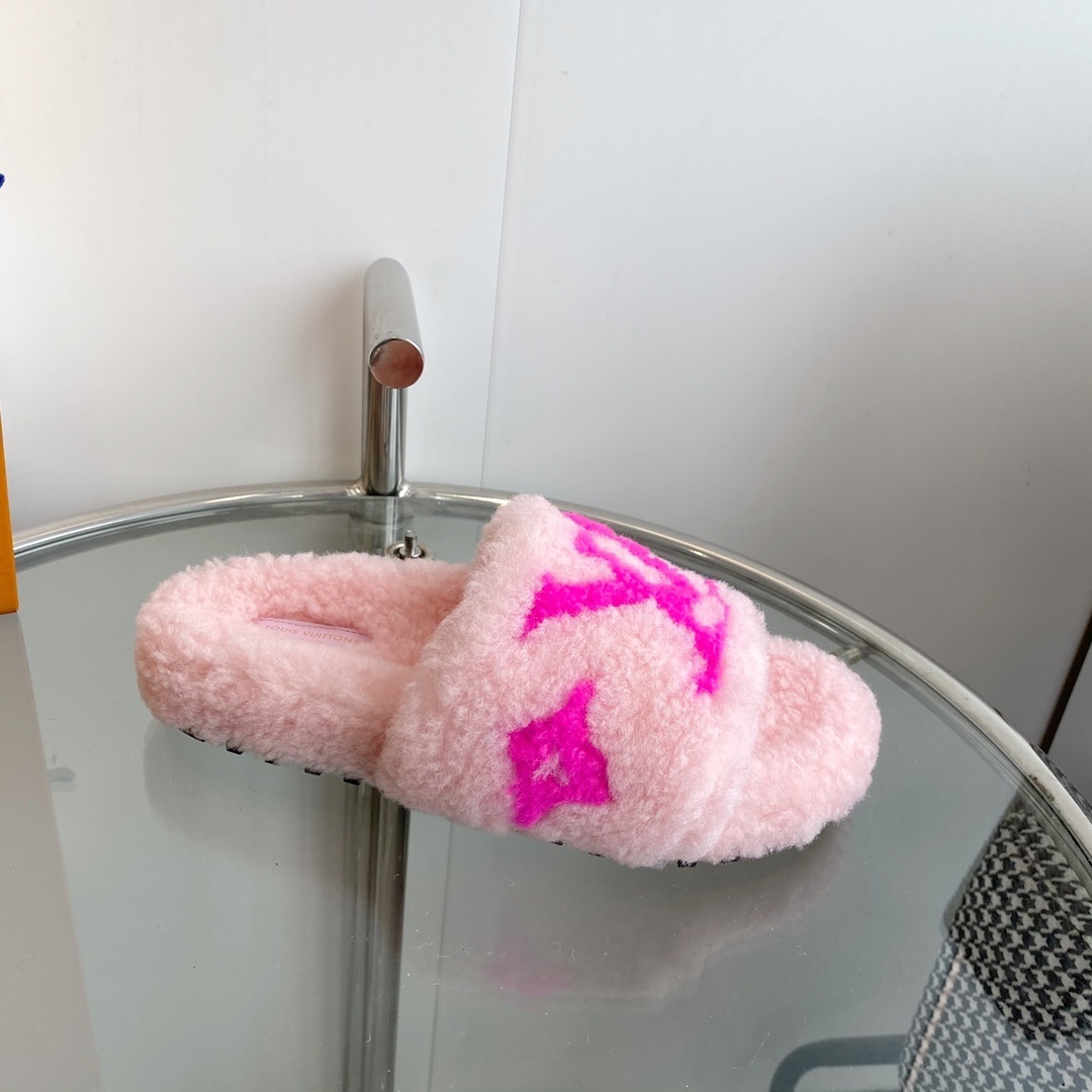 Louis Vuitton Pink Shearling Slippers - Luxury LV Logo Slides