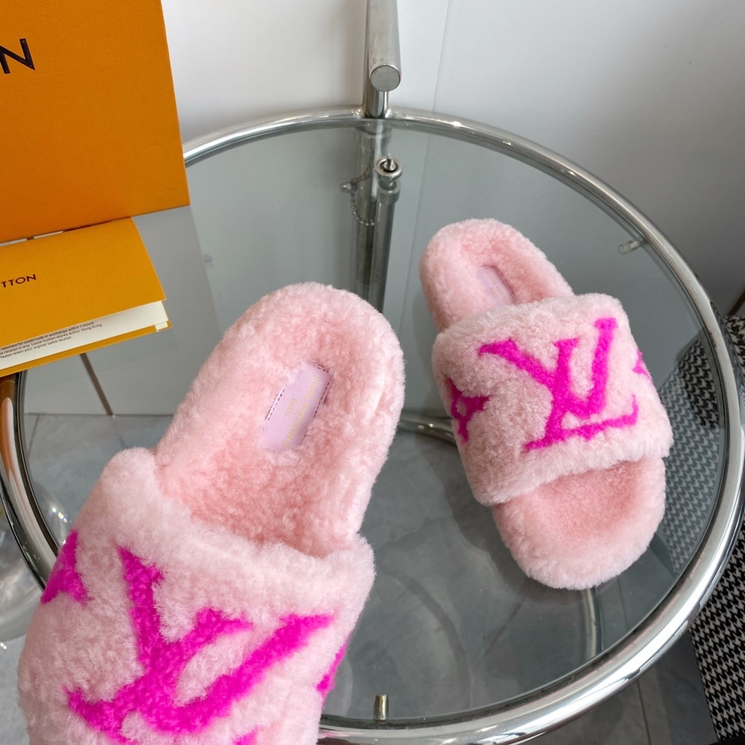 Louis Vuitton Pink Shearling Slippers - Luxury LV Logo Slides