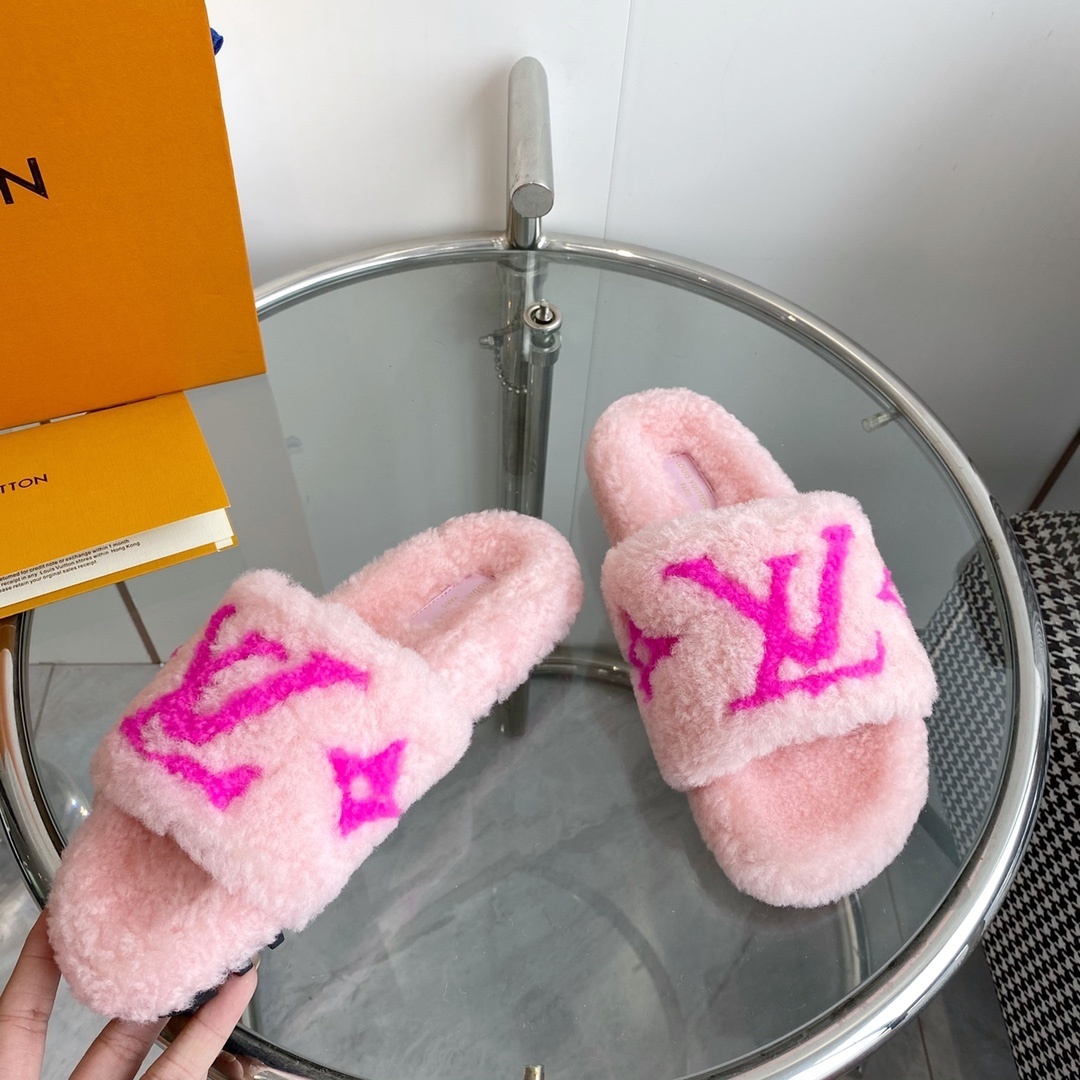 Louis Vuitton Pink Shearling Slippers - Luxury LV Logo Slides