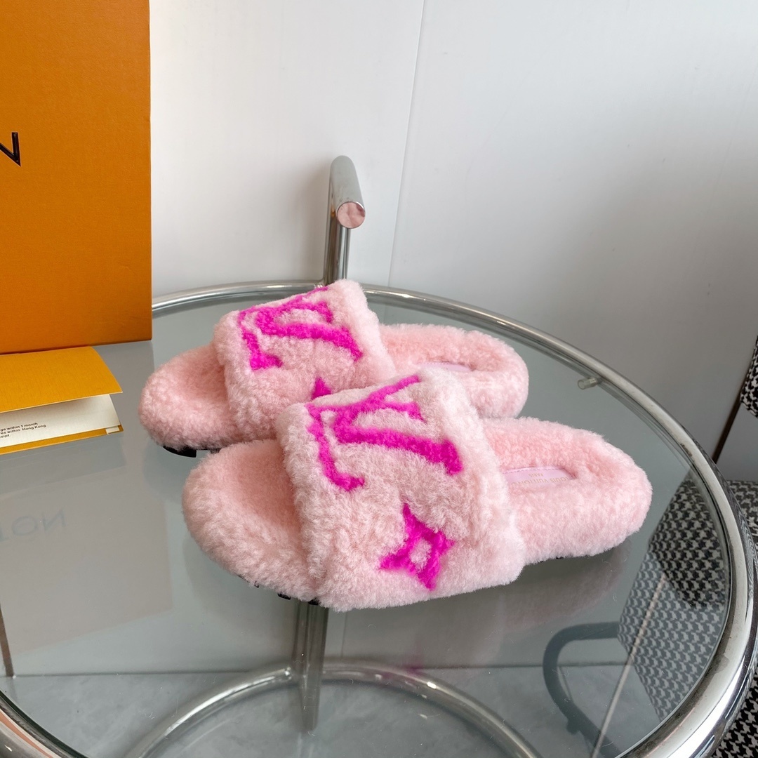 Louis Vuitton Pink Shearling Slippers - Luxury LV Logo Slides