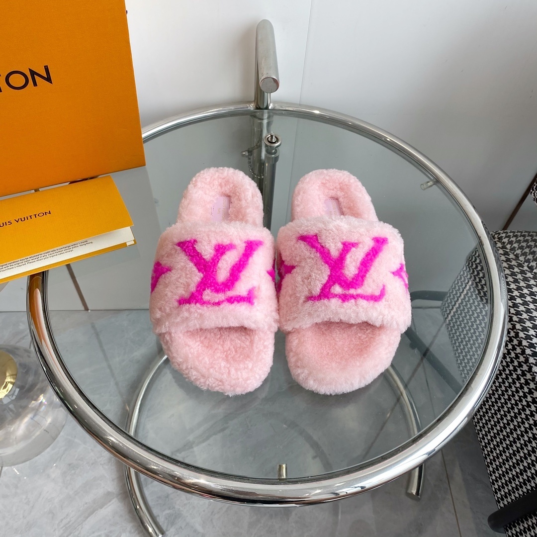Louis Vuitton Pink Shearling Slippers – Luxury LV Logo Slides