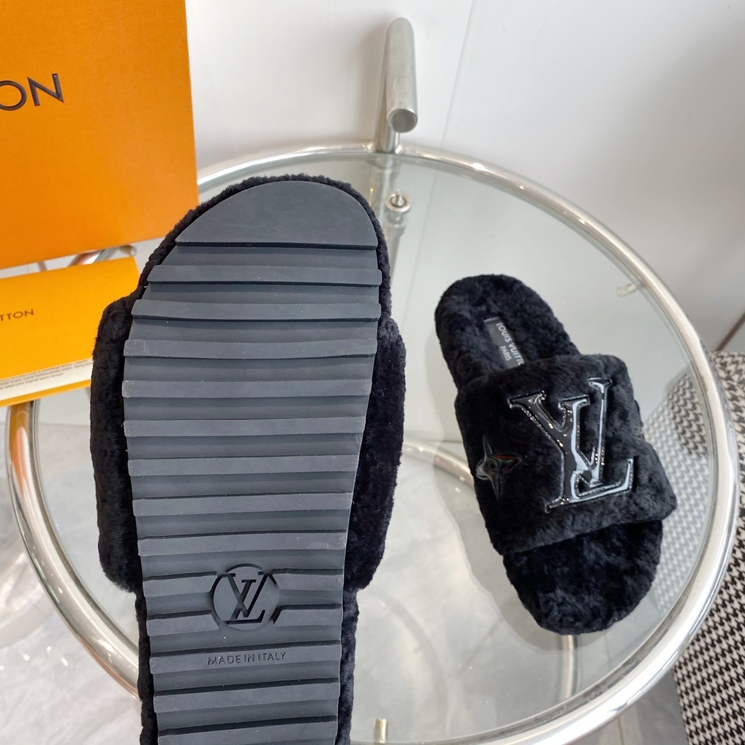 Louis Vuitton Black Shearling Fur Slides - Cozy LV Designer Mules