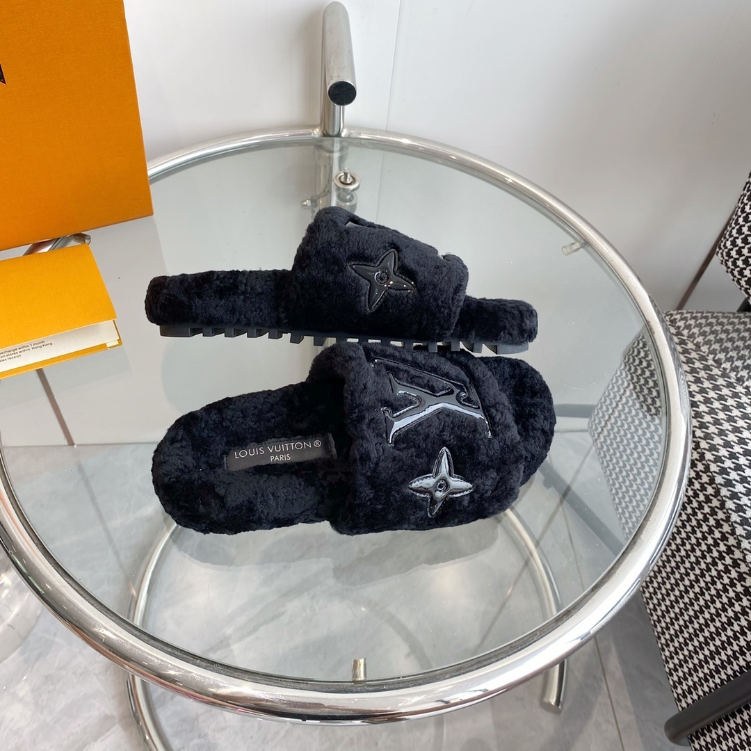 Louis Vuitton Black Shearling Fur Slides - Cozy LV Designer Mules