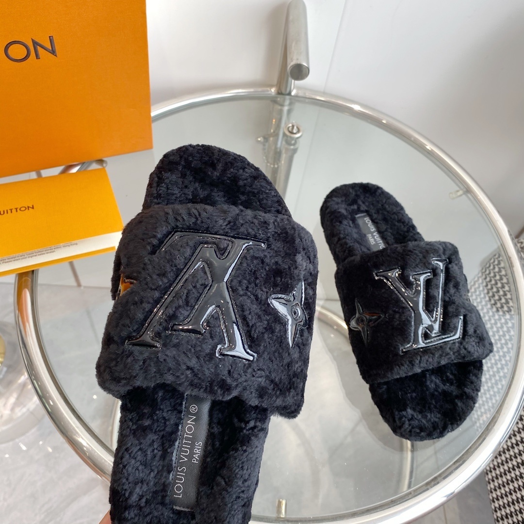 Louis Vuitton Black Shearling Fur Slides - Cozy LV Designer Mules