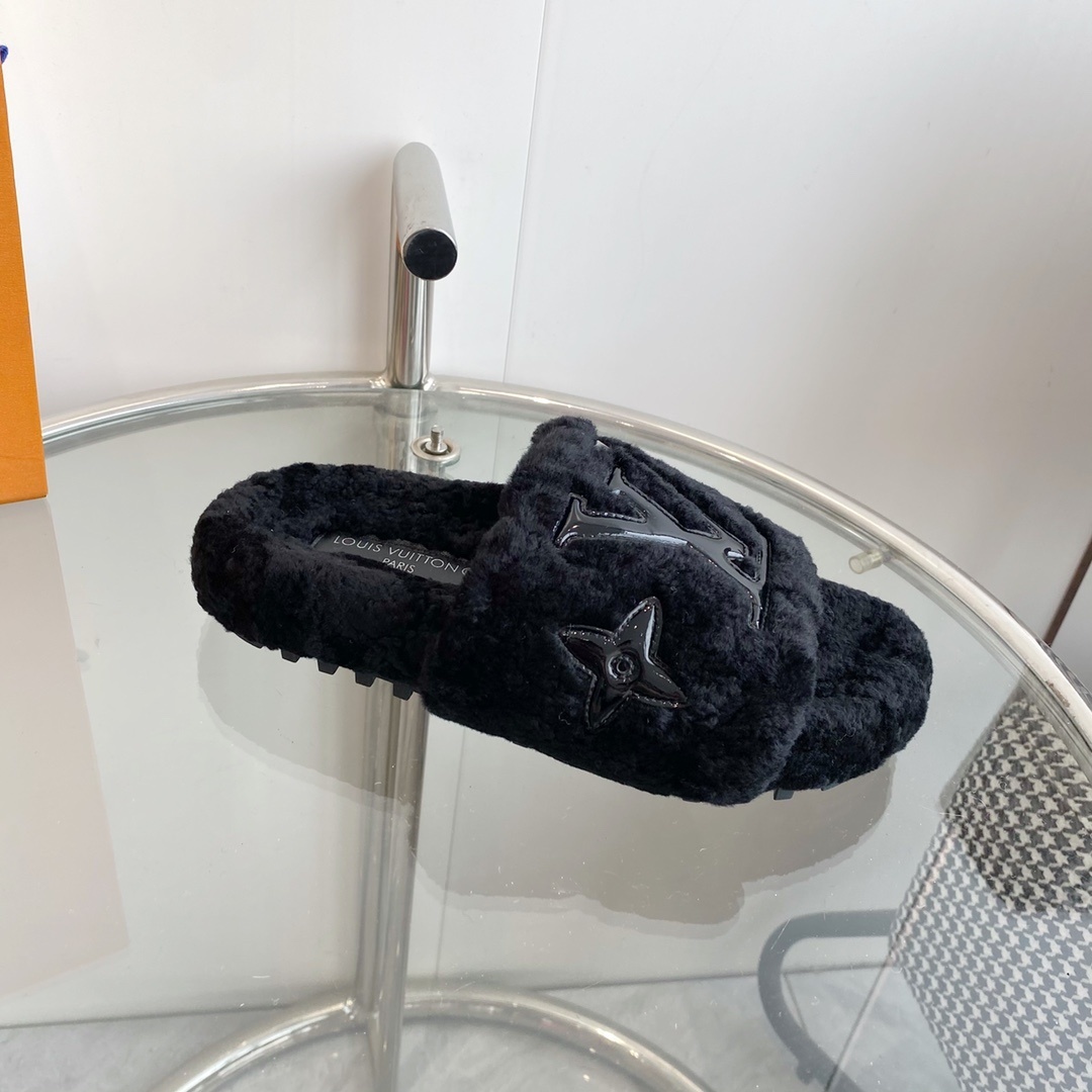 Louis Vuitton Black Shearling Fur Slides - Cozy LV Designer Mules