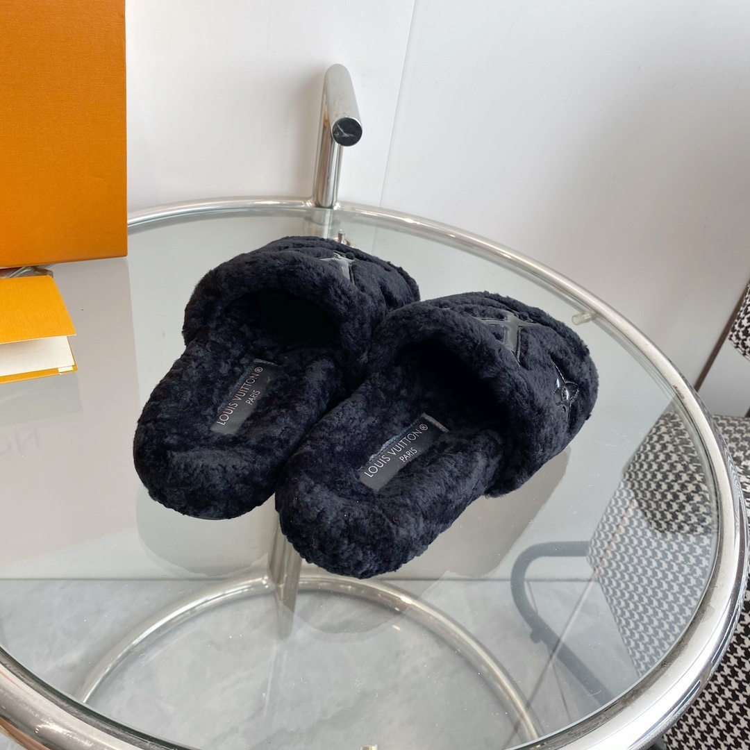 Louis Vuitton Black Shearling Fur Slides - Cozy LV Designer Mules
