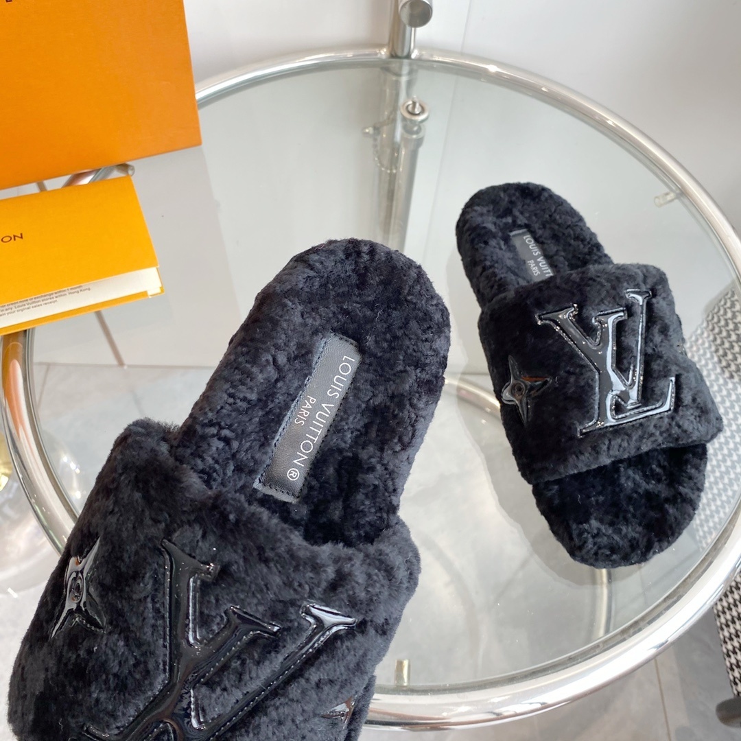 Louis Vuitton Black Shearling Fur Slides - Cozy LV Designer Mules