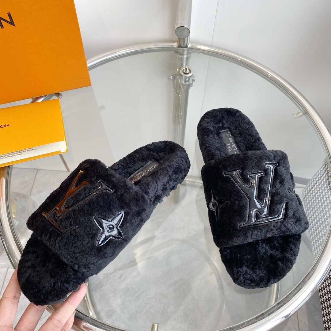 Louis Vuitton Black Shearling Fur Slides - Cozy LV Designer Mules