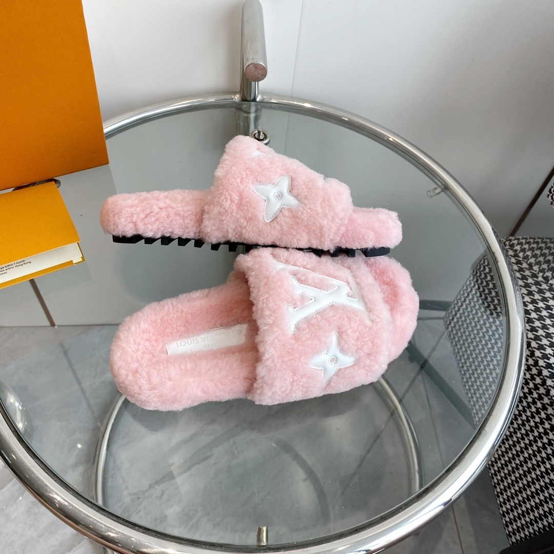 Louis Vuitton Pink Shearling Slides - Luxury LV Comfort Slippers