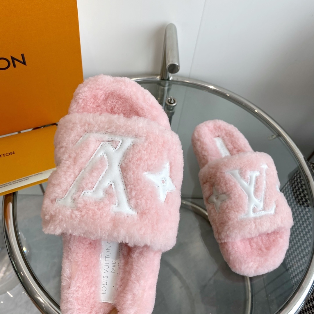 Louis Vuitton Pink Shearling Slides - Luxury LV Comfort Slippers