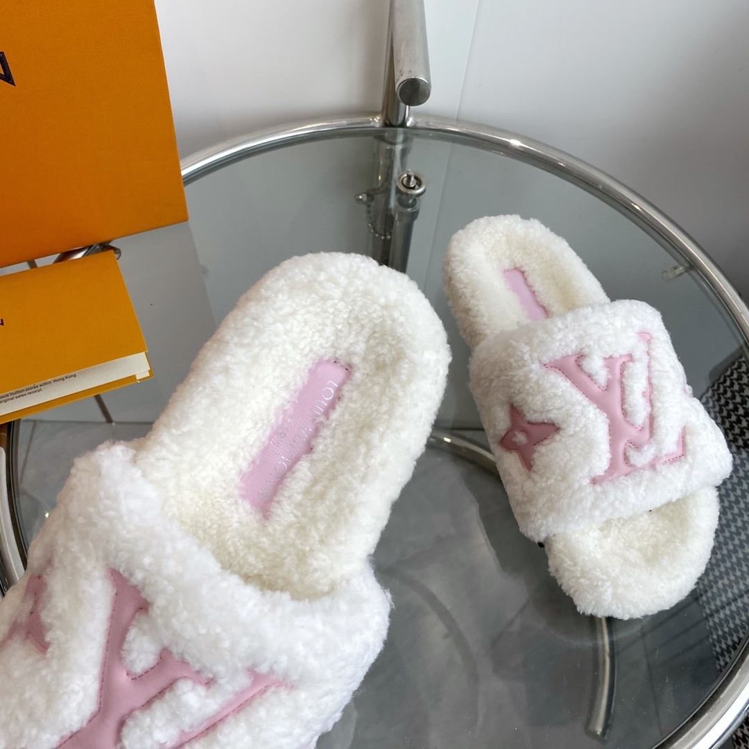 Louis Vuitton White & Pink Shearling Slides - Luxury Plush Mules