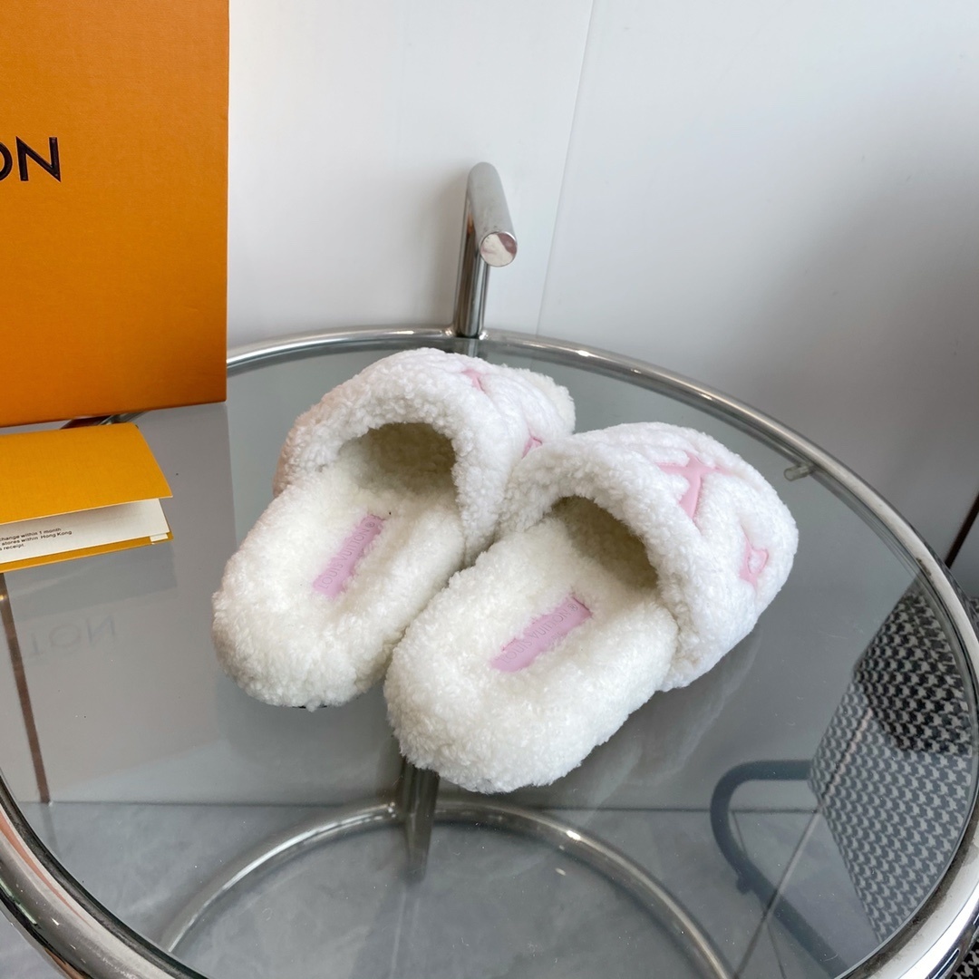 Louis Vuitton White & Pink Shearling Slides - Luxury Plush Mules