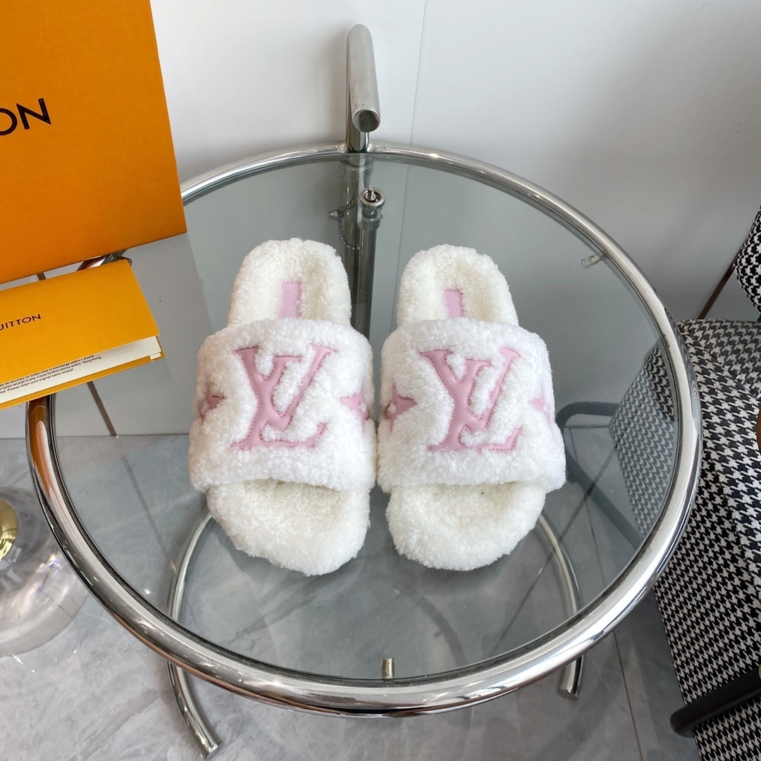Louis Vuitton White & Pink Shearling Slides – Luxury Plush Mules