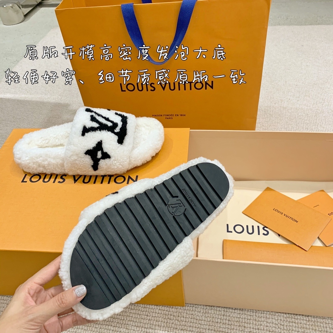 Louis Vuitton White Monogram Shearling Slippers Luxury Slides