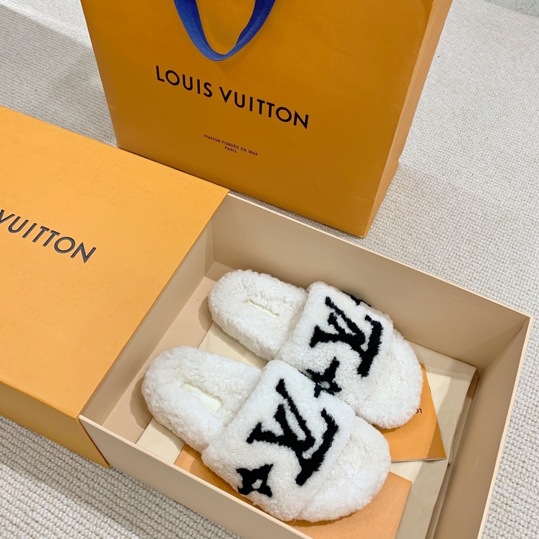 Louis Vuitton White Monogram Shearling Slippers Luxury Slides