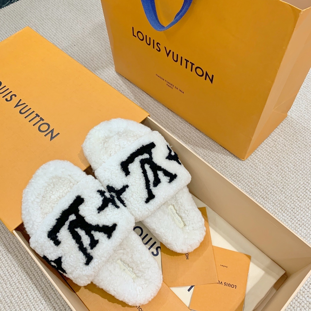 Louis Vuitton White Monogram Shearling Slippers Luxury Slides