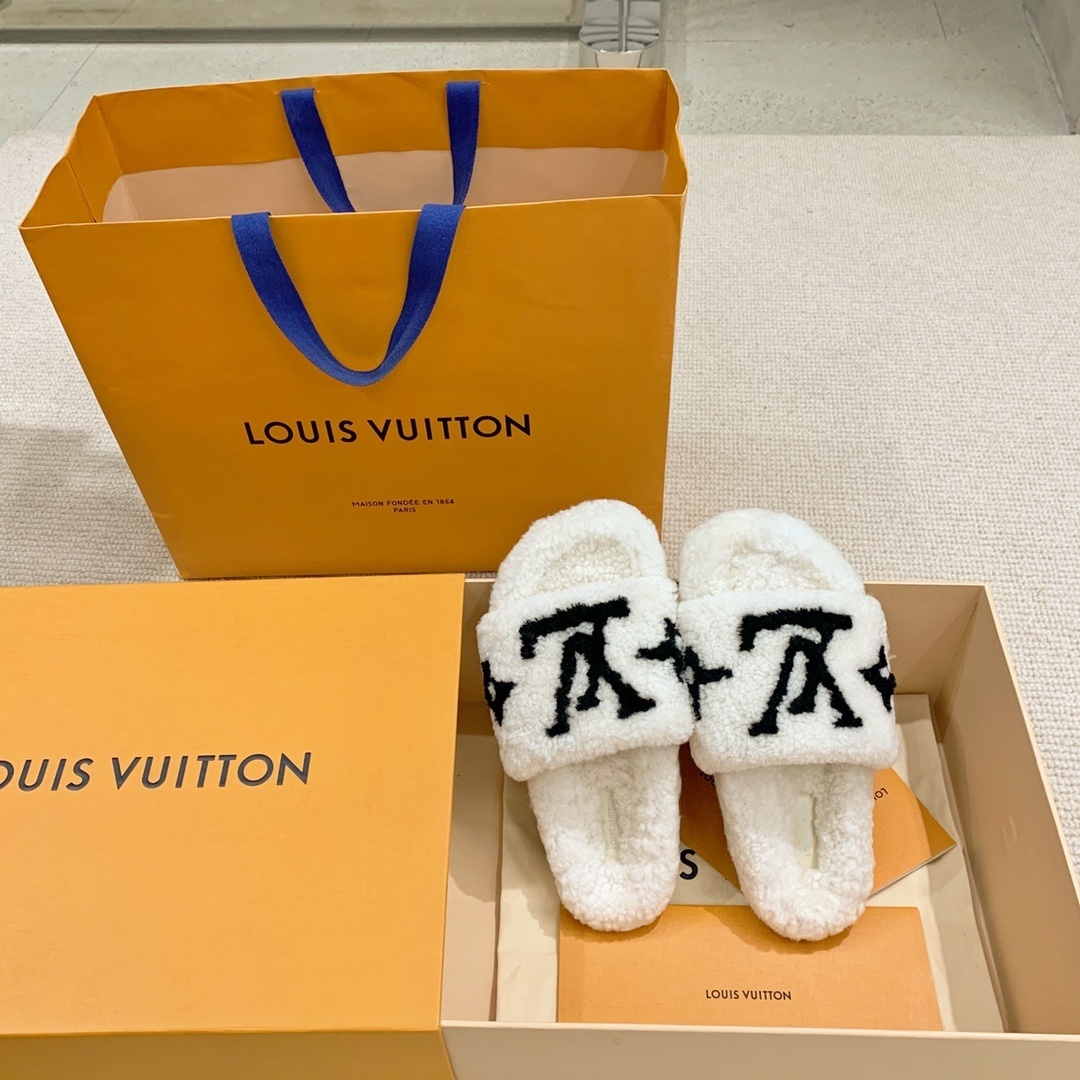 Louis Vuitton White Monogram Shearling Slippers Luxury Slides