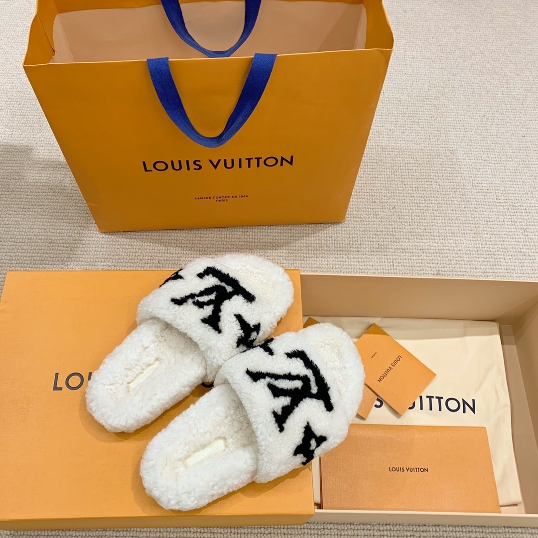 Louis Vuitton White Monogram Shearling Slippers Luxury Slides