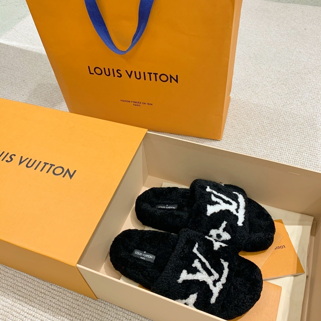 Louis Vuitton Black Shearling Slippers - Luxury LV Monogram Slides
