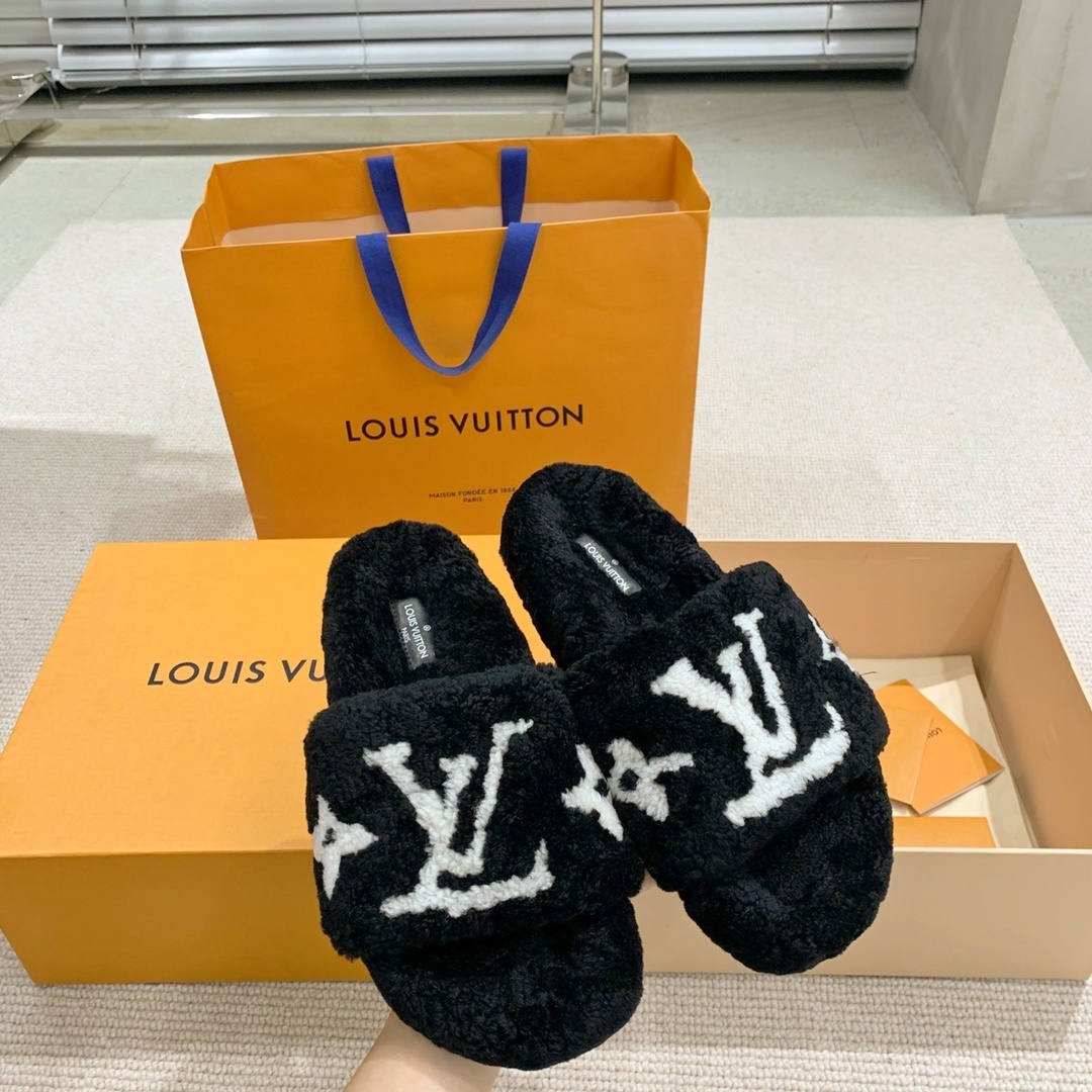 Louis Vuitton Black Shearling Slippers - Luxury LV Monogram Slides
