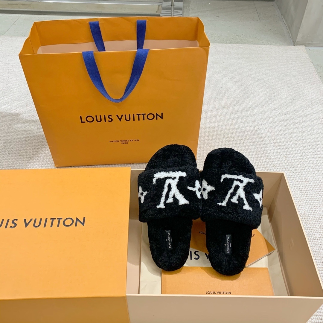 Louis Vuitton Black Shearling Slippers - Luxury LV Monogram Slides