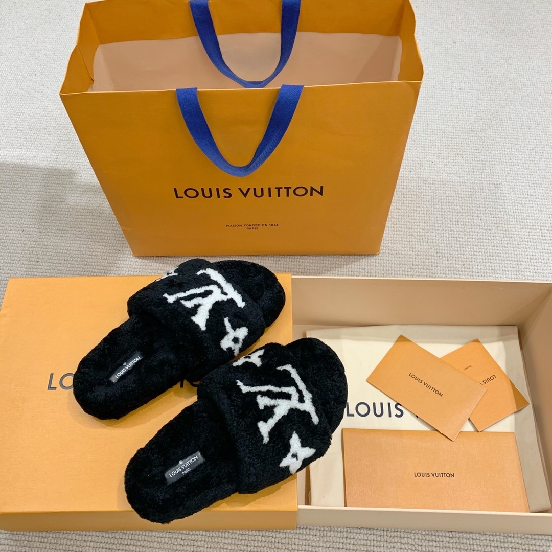 Louis Vuitton Black Shearling Slippers - Luxury LV Monogram Slides