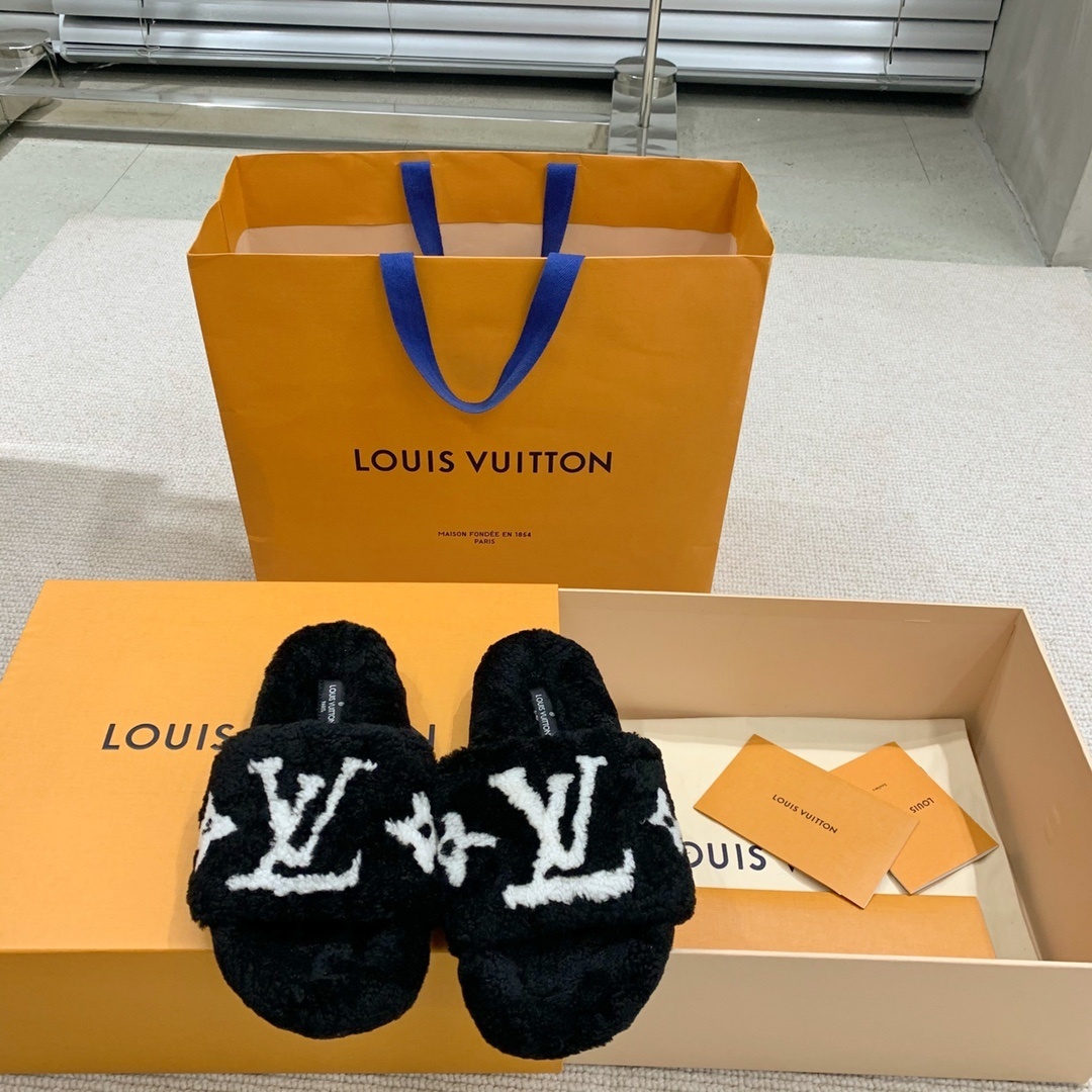 Louis Vuitton Black Shearling Slippers - Luxury LV Monogram Slides