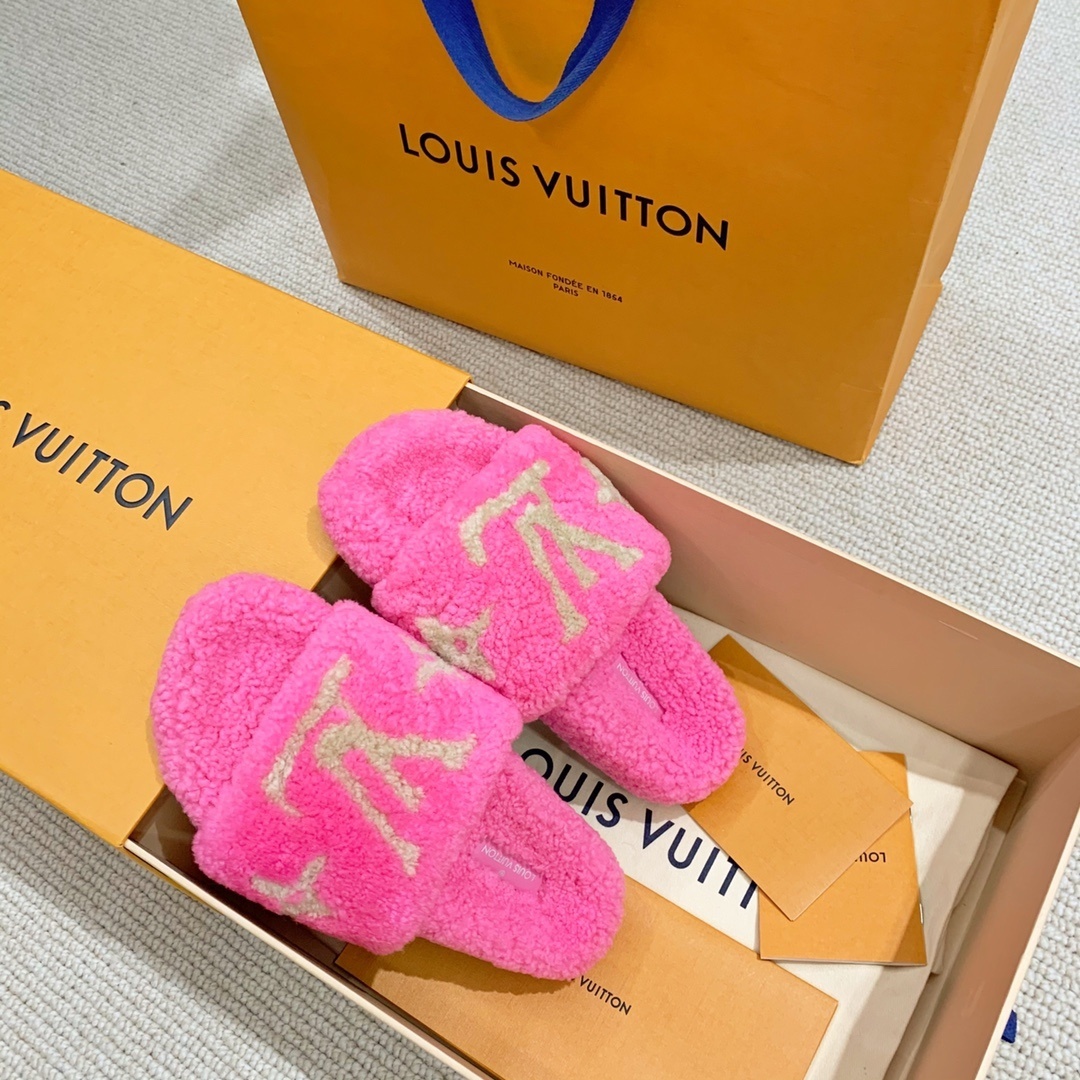 Louis Vuitton Pink Shearling Mules - Luxury Fuzzy Flat Sandals