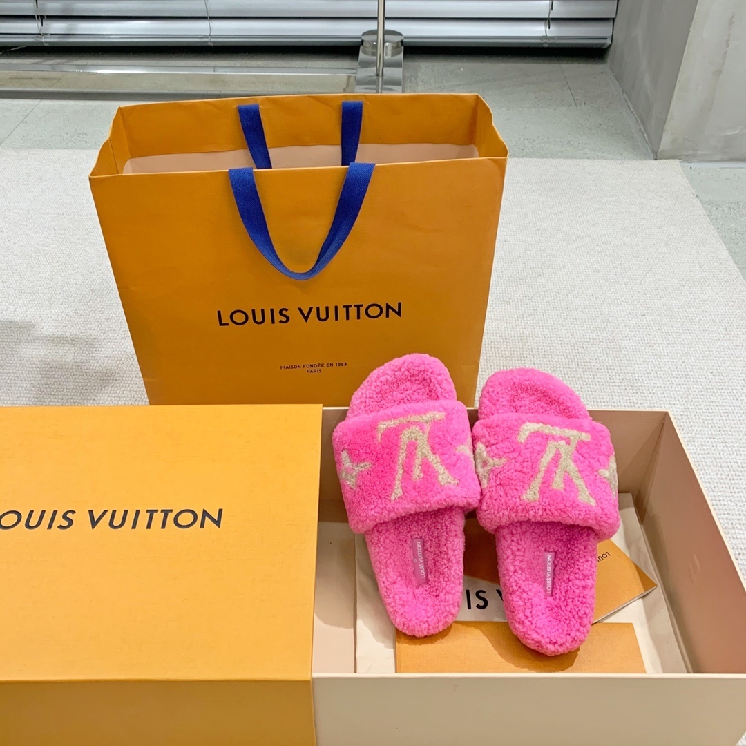 Louis Vuitton Pink Shearling Mules - Luxury Fuzzy Flat Sandals