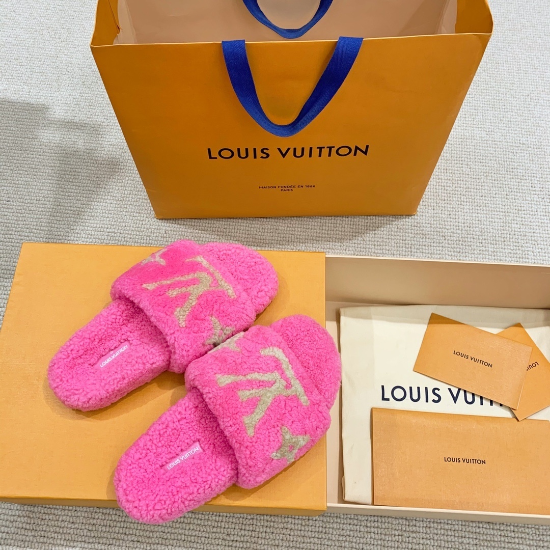 Louis Vuitton Pink Shearling Mules - Luxury Fuzzy Flat Sandals