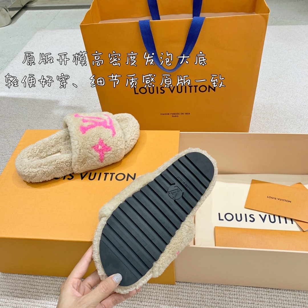 Louis Vuitton Shearling Sliders - Beige & Pink LV Logo Slippers