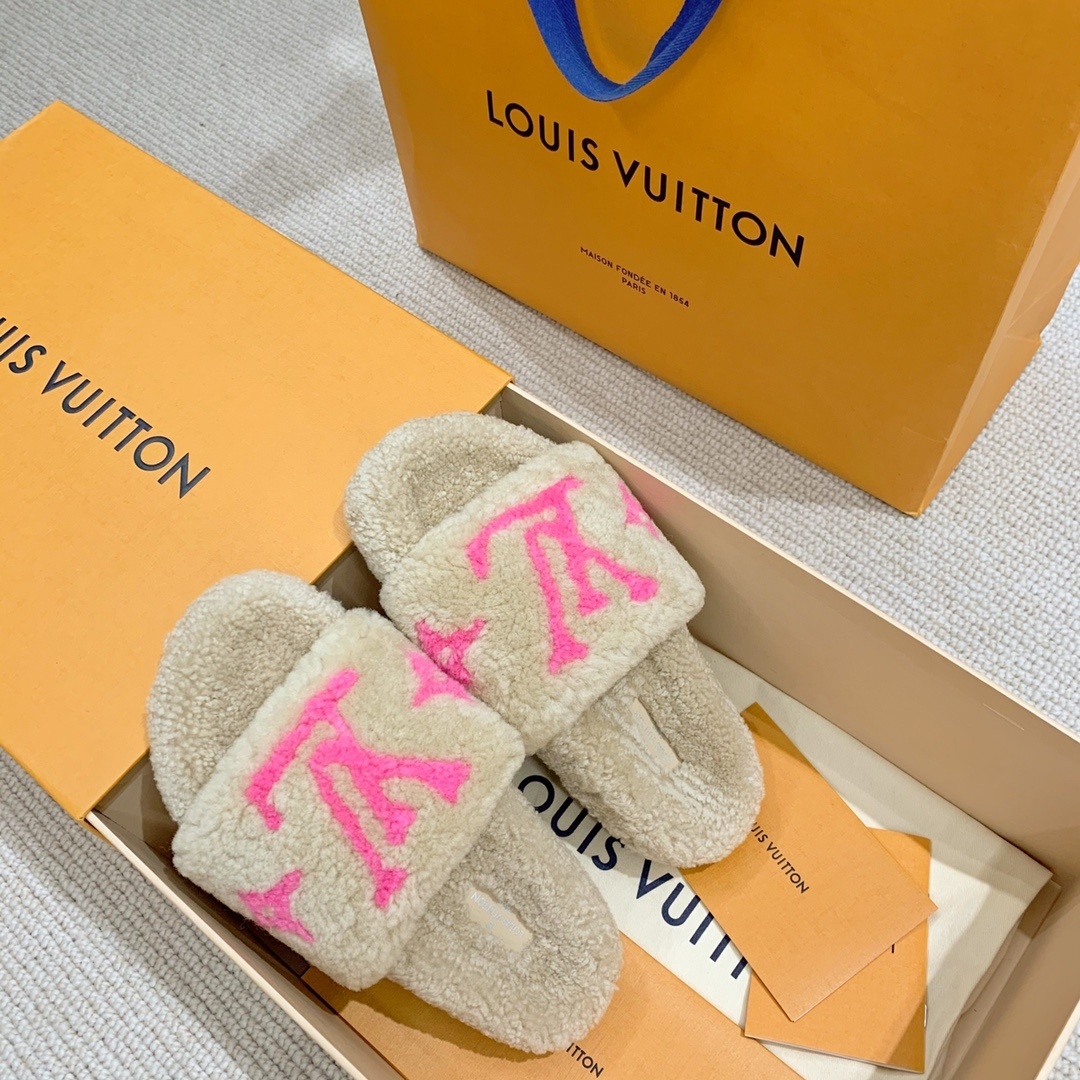 Louis Vuitton Shearling Sliders - Beige & Pink LV Logo Slippers