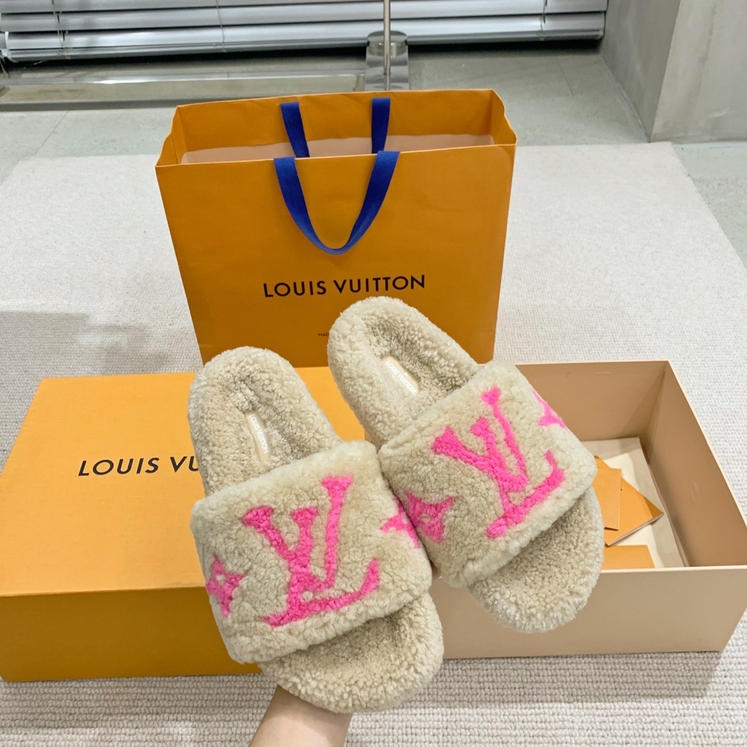 Louis Vuitton Shearling Sliders - Beige & Pink LV Logo Slippers