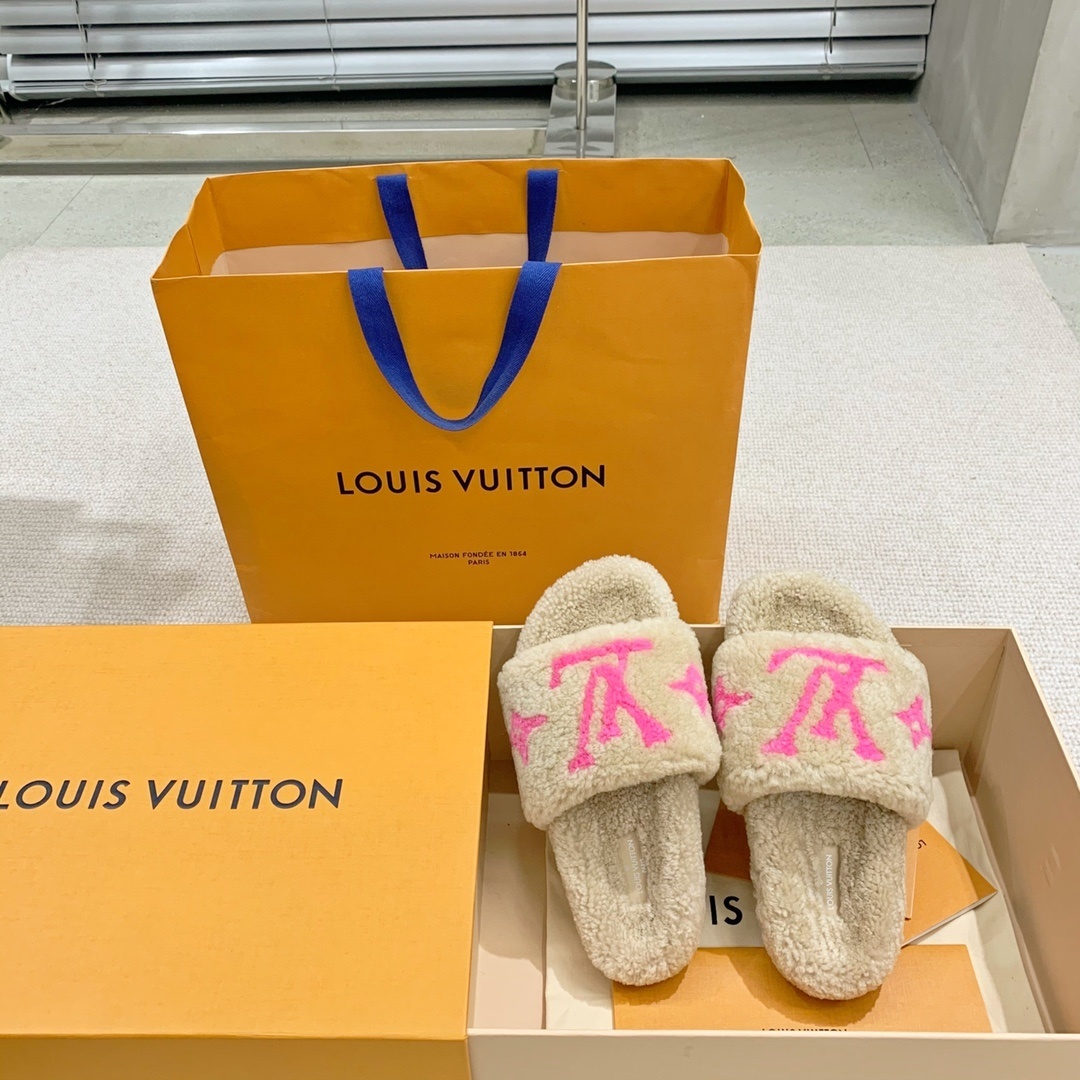 Louis Vuitton Shearling Sliders - Beige & Pink LV Logo Slippers