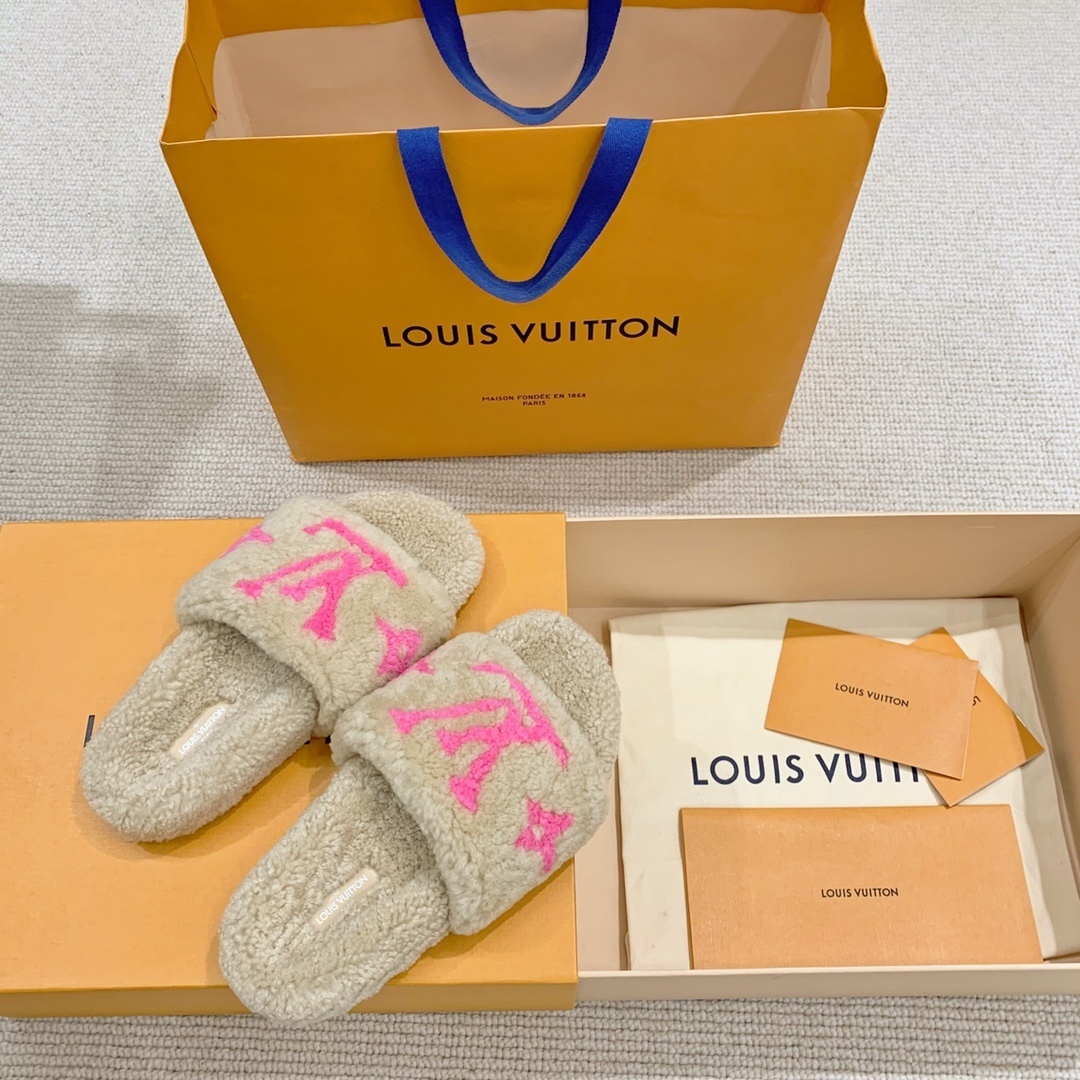 Louis Vuitton Shearling Sliders - Beige & Pink LV Logo Slippers
