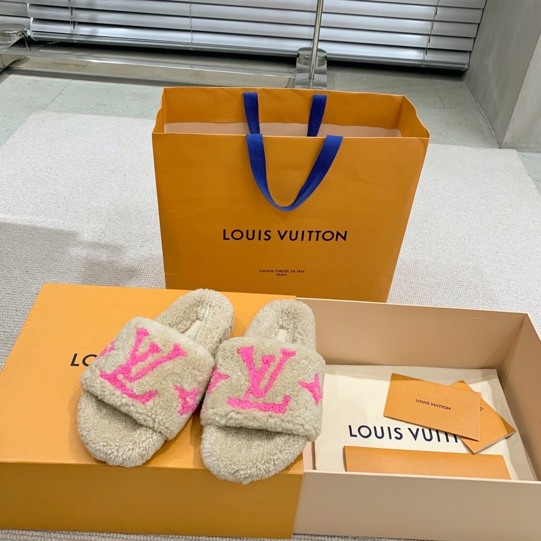 Louis Vuitton Shearling Sliders – Beige & Pink LV Logo Slippers