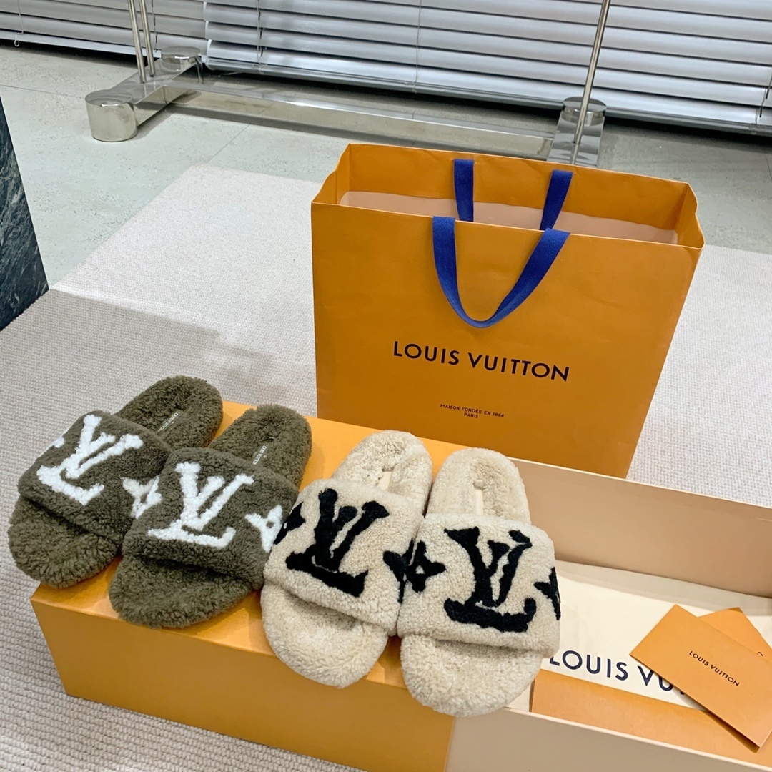 Louis Vuitton Shearling Monogram Slides - Luxury Beige LV Slippers