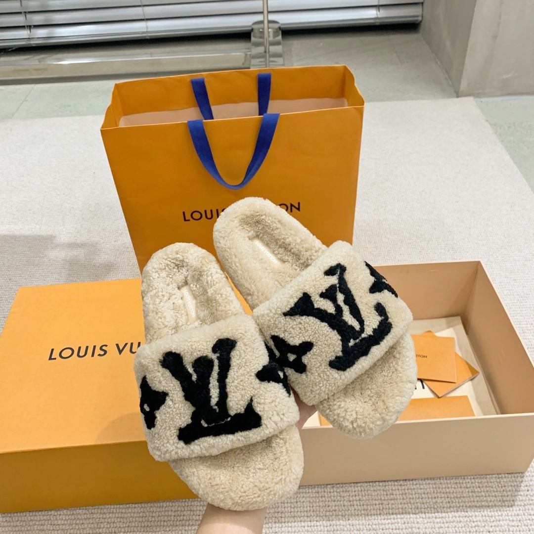 Louis Vuitton Shearling Monogram Slides - Luxury Beige LV Slippers