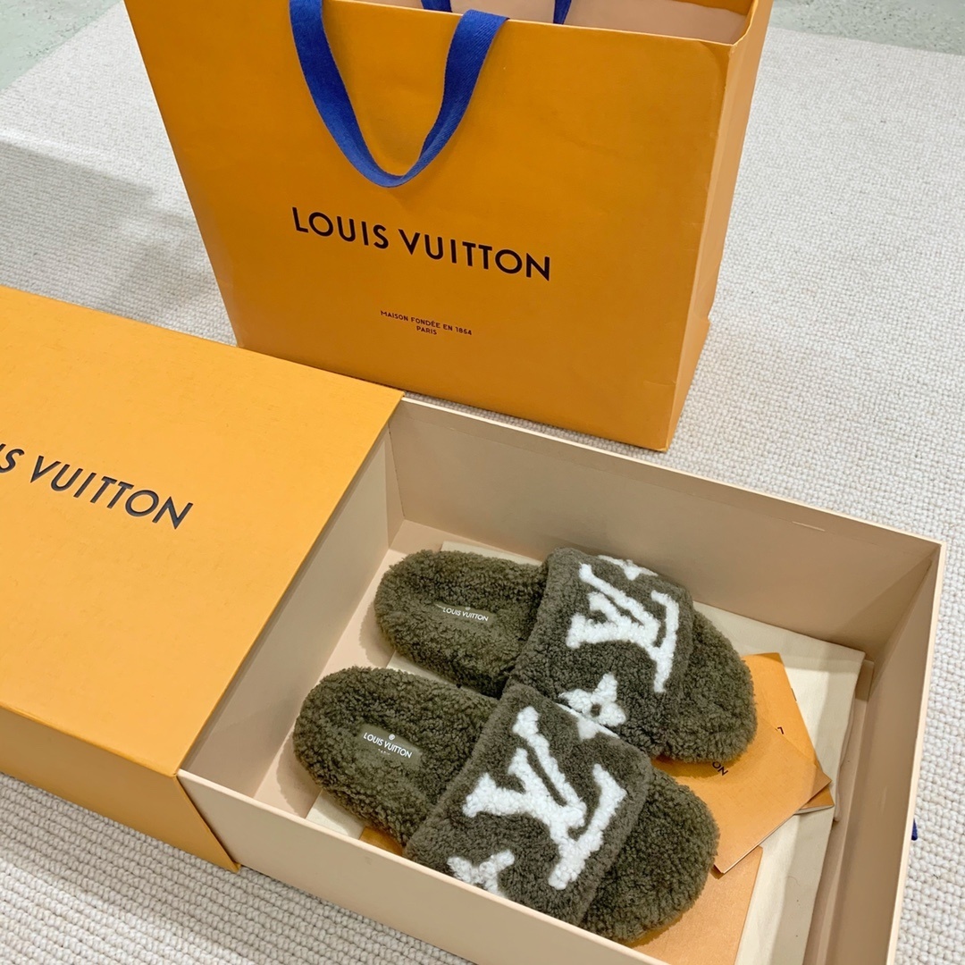 Louis Vuitton Monogram Shearling Slippers - Khaki Green Luxury Slides